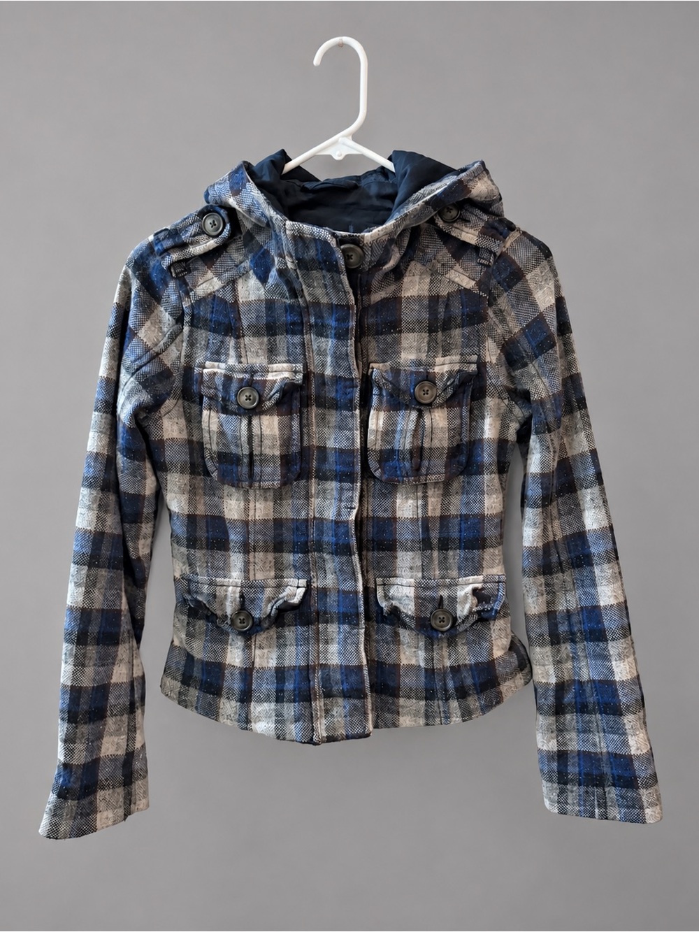 Abercrombie Kids Girls Large 12/14 Wool Blend Plaid Hooded Jacket Blue Gray